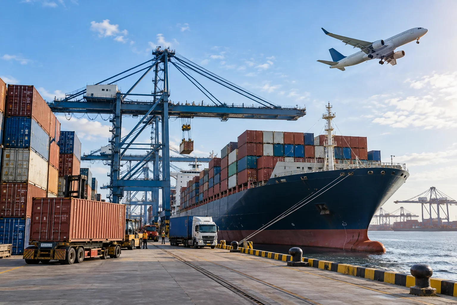 Realistic view of a container ship at port with stacked cargo containers and a cargo aircraft overhead